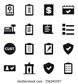 16 vector icon set : report, clipboard, receipt, calendar, cashbox, shopping list, list, check in, detector, clipboard list