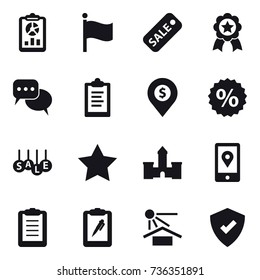 16 vector icon set : report, flag, sale, medal, discussion, clipboard, dollar pin, percent, star, castle