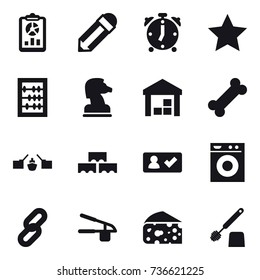16 vector icon set : report, pencil, alarm clock, star, abacus, chess horse, warehouse, drawbridge, block wall, check in, washing machine, garlic clasp, cheese, toilet brush