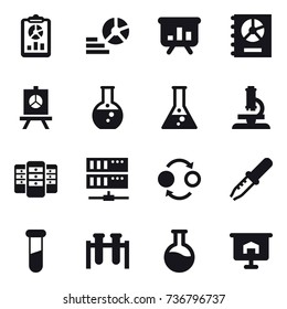 16 vector icon set : report, diagram, presentation, annual report, round flask, flask, microscope, server, quantum bond