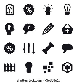 16 vector icon set : report, percent, bulb, bulb head, brain, pencil, add to basket, equalizer, fence
