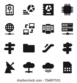 16 vector icon set : report, diagram, annual report, chip, globe connect, notebook connect, server, singlepost, escalator, signpost
