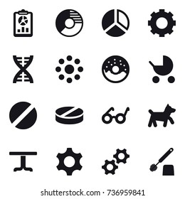 16 vector icon set : report, circle diagram, diagram, gear, dna, round around, donut, baby stroller, dog, table, toilet brush