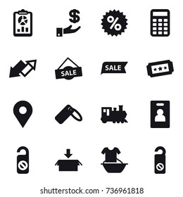 16 vector icon set : report, investment, percent, calculator, up down arrow, sale, ticket, train, identity card, do not distrub, package, handle washing