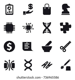 16 vector icon set : report, investment, shopping bag, chess horse, chip, dna, puzzle, dollar coin, shopping list, clothespin, toilet brush