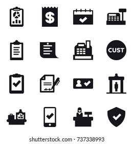 16 vector icon set : report, receipt, calendar, cashbox, clipboard, shopping list, check in, detector, baggage checking, mobile checking, reception