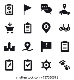 16 vector icon set : report, flag, discussion, car pointer, add to cart, clipboard, dollar pin, sale, castle, handwheel, pets