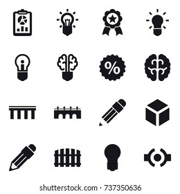 16 vector icon set : report, bulb, medal, bulb brain, percent, bridge, pencil, 3d, fence