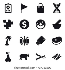 16 vector icon set : report, flag, shopping bag, dna, puzzle, dollar coin, donut, palm, pear, sheep, pruner, clothespin
