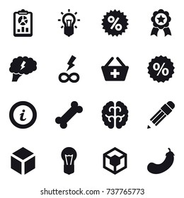 16 vector icon set : report, bulb, percent, medal, brain, infinity power, add to basket, info, pencil, 3d, eggplant
