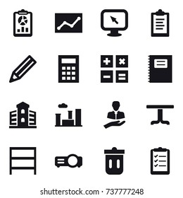 16 vector icon set : report, statistic, monitor arrow, clipboard, pencil, calculator, copybook, building, city, table, rack, trash bin, clipboard list