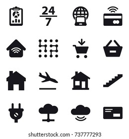 16 vector icon set : report, 24/7, notebook globe, tap to pay, wireless home, chip, add to cart, remove from basket, home, arrival, stairs