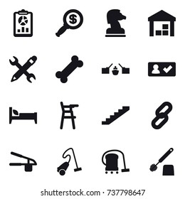 16 vector icon set : report, dollar magnifier, chess horse, warehouse, pencil wrench, drawbridge, check in, bed, Chair for babies, stairs, garlic clasp, vacuum cleaner, toilet brush