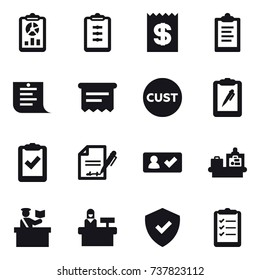 16 vector icon set : report, clipboard, receipt, shopping list, atm receipt, check in, baggage checking, inspector, reception, clipboard list