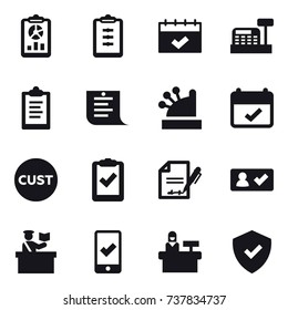 16 vector icon set : report, clipboard, calendar, cashbox, shopping list, check in, inspector, mobile checking, reception