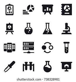 16 vector icon set : report, diagram, presentation, annual report, round flask, flask, microscope, server, quantum bond, vial