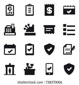 16 vector icon set : report, clipboard, receipt, calendar, cashbox, atm receipt, list, detector, inspector, mobile checking