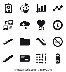 16 vector icon set : report, circle diagram, graph, notebook connect, cloude service, cardio chip, info, stairs, escalator, no smoking, do not distrub