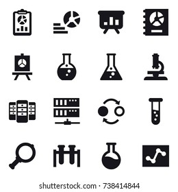 16 vector icon set : report, diagram, presentation, annual report, round flask, flask, microscope, server, quantum bond, vial, magnifier