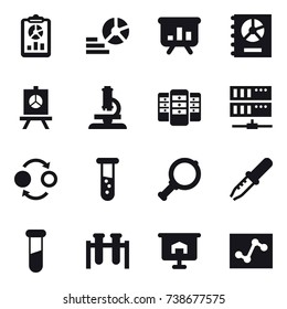 16 vector icon set : report, diagram, presentation, annual report, microscope, server, quantum bond, vial, magnifier