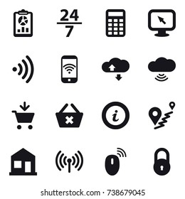 16 vector icon set : report, 24/7, calculator, monitor arrow, wireless, phone wireless, cloude service, cloud wireless, add to cart, delete cart, info, home