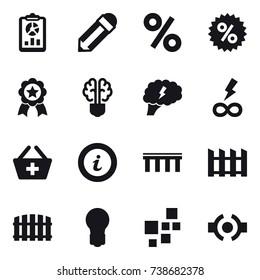 16 vector icon set : report, pencil, percent, medal, bulb brain, brain, infinity power, add to basket, info, bridge, fence, bulb
