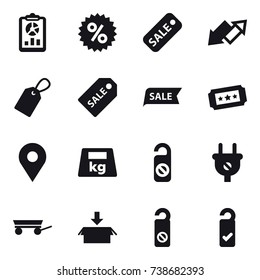 16 vector icon set : report, percent, sale, up down arrow, label, sale label, ticket, do not distrub, trailer, package, please clean