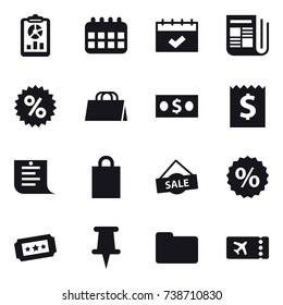16 vector icon set : report, calendar, newspaper, percent, shopping bag, money, receipt, shopping list, sale, ticket