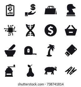 16 vector icon set : report, investment, shopping bag, chess horse, chip, dna, dollar coin, remove from basket, measuring tape, palm, hand mill, pear, sheep, clothespin