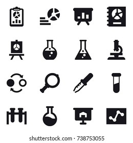 16 vector icon set : report, diagram, presentation, annual report, round flask, flask, microscope, quantum bond, magnifier