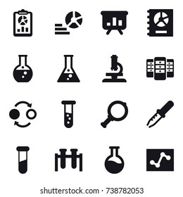 16 vector icon set : report, diagram, presentation, annual report, round flask, flask, microscope, server, quantum bond, vial, magnifier