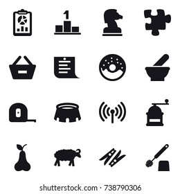 16 vector icon set : report, pedestal, chess horse, puzzle, remove from basket, shopping list, donut, measuring tape, stadium, wireless, hand mill, pear, sheep, clothespin, toilet brush