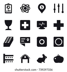 16 vector icon set : report, atom, dollar pin, equalizer, wineglass, brick, ring button, watering, barn, rabbit, tomato