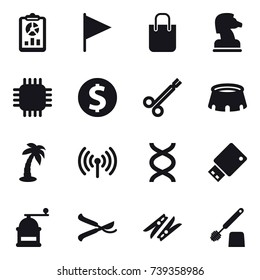 16 vector icon set : report, flag, shopping bag, chess horse, chip, dollar coin, stadium, palm, wireless, hand mill, pruner, clothespin, toilet brush