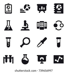 16 vector icon set : report, diagram, presentation, annual report, flask, microscope, server, quantum bond, vial, magnifier