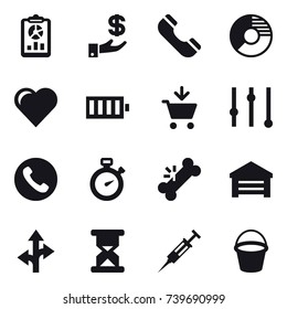 16 vector icon set : report, investment, phone, circle diagram, heart, battery, add to cart, equalizer, stopwatch, garage, syringe, bucket