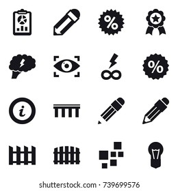 16 vector icon set : report, pencil, percent, medal, brain, eye identity, infinity power, info, bridge, fence