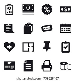 16 vector icon set : report, money, percent, shopping list, shopping bag, ticket, calendar, plan, toilet paper