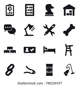 16 vector icon set : report, abacus, chess horse, warehouse, discussion, table lamp, pencil wrench, block wall, check in, bed, Chair for babies, walnut crack, vacuum cleaner