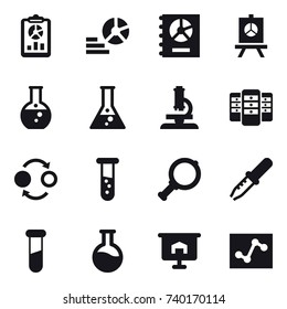 16 vector icon set : report, diagram, annual report, presentation, round flask, flask, microscope, server, quantum bond, vial, magnifier