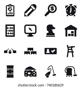 16 vector icon set : report, pencil, dollar magnifier, alarm clock, abacus, monitor arrow, chess horse, warehouse, drawbridge, block wall, check in, Chair for babies, cheese, vacuum cleaner