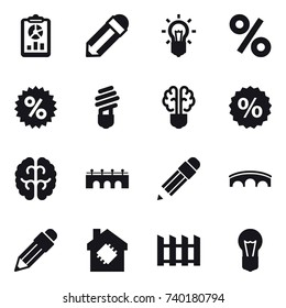 16 vector icon set : report, pencil, bulb, percent, bulb brain, bridge, smart house, fence