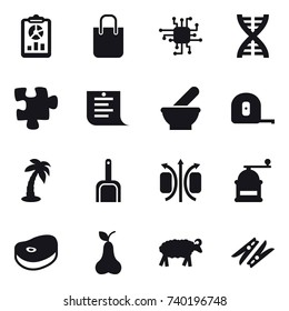 16 vector icon set : report, shopping bag, chip, dna, puzzle, shopping list, measuring tape, palm, scoop, hand mill, pear, sheep, clothespin
