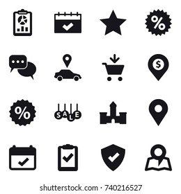 16 vector icon set : report, calendar, star, percent, discussion, car pointer, add to cart, dollar pin, sale, castle, map