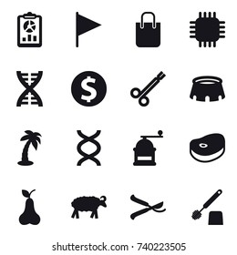 16 vector icon set : report, flag, shopping bag, chip, dna, dollar coin, stadium, palm, hand mill, pear, sheep, pruner, toilet brush