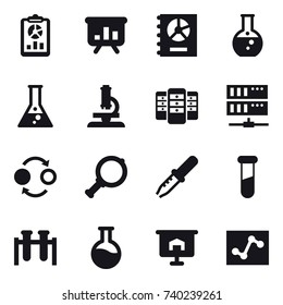 16 vector icon set : report, presentation, annual report, round flask, flask, microscope, server, quantum bond, magnifier