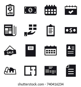 16 vector icon set : report, money, calendar, newspaper, gift, clipboard, sale, copybook, project, plan