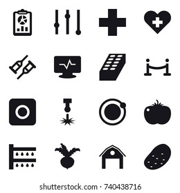 16 vector icon set : report, equalizer, brick, vip fence, ring button, watering, beet, barn, potato