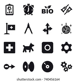 16 vector icon set : report, alarm clock, bio, drawing compass, disco ball, first aid, dog, ring button, gears