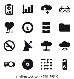 16 vector icon set : report, graph, cloude service, smart glasses, cardio chip, info, no smoking, do not distrub